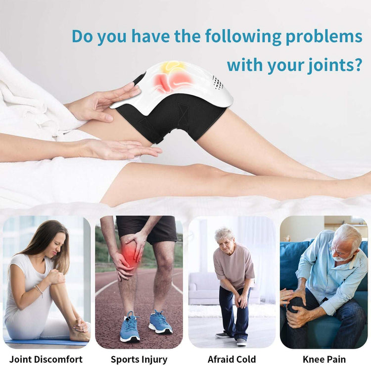 Person wearing black fitted shorts using white knee therapy device, focused on knee support.