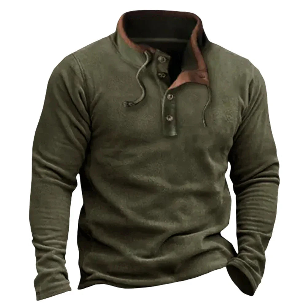 Olive green long sleeve pullover, soft material, relaxed fit, button collar, brown trim