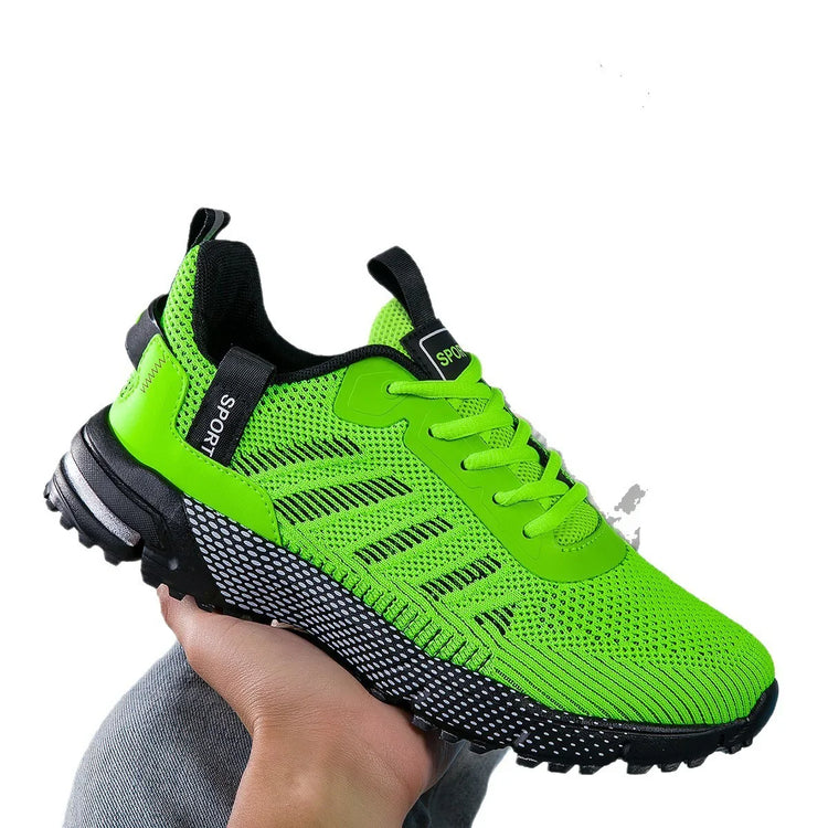 Neon green mesh running sneaker with black accents, breathable knit material, chunky sole, sporty fit