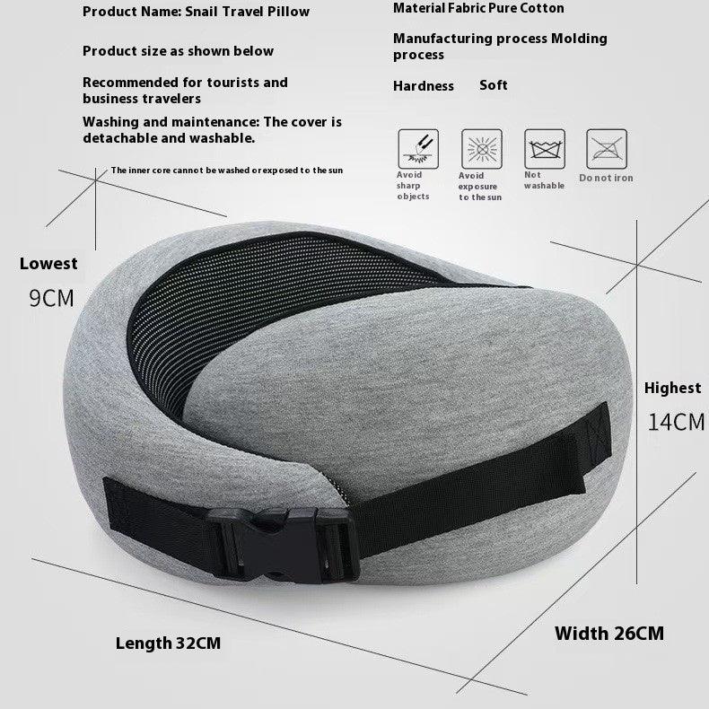 Gray ergonomic travel pillow in soft cotton fabric with adjustable strap, modern design