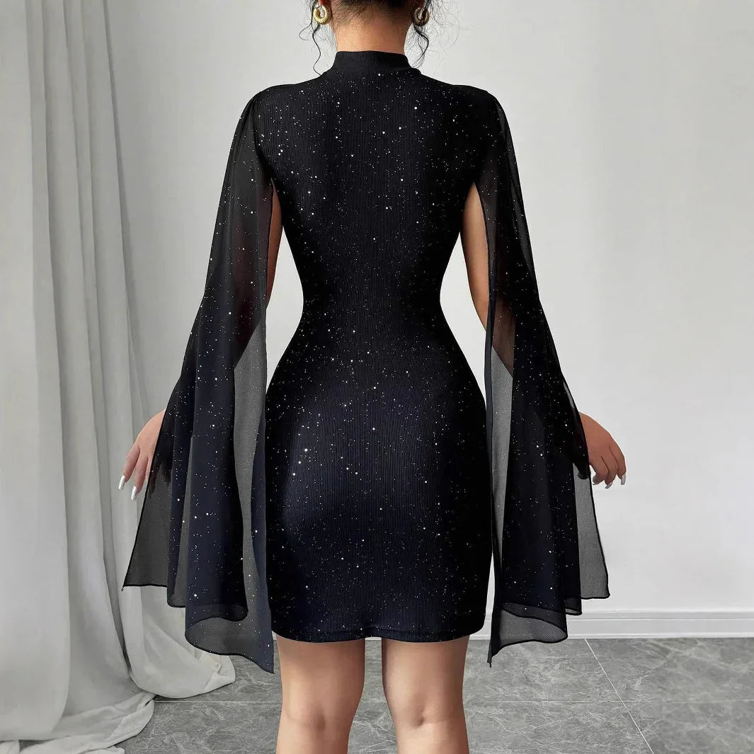 Black sparkly bodycon mini dress with sheer bell sleeves and high neck, fitted silhouette