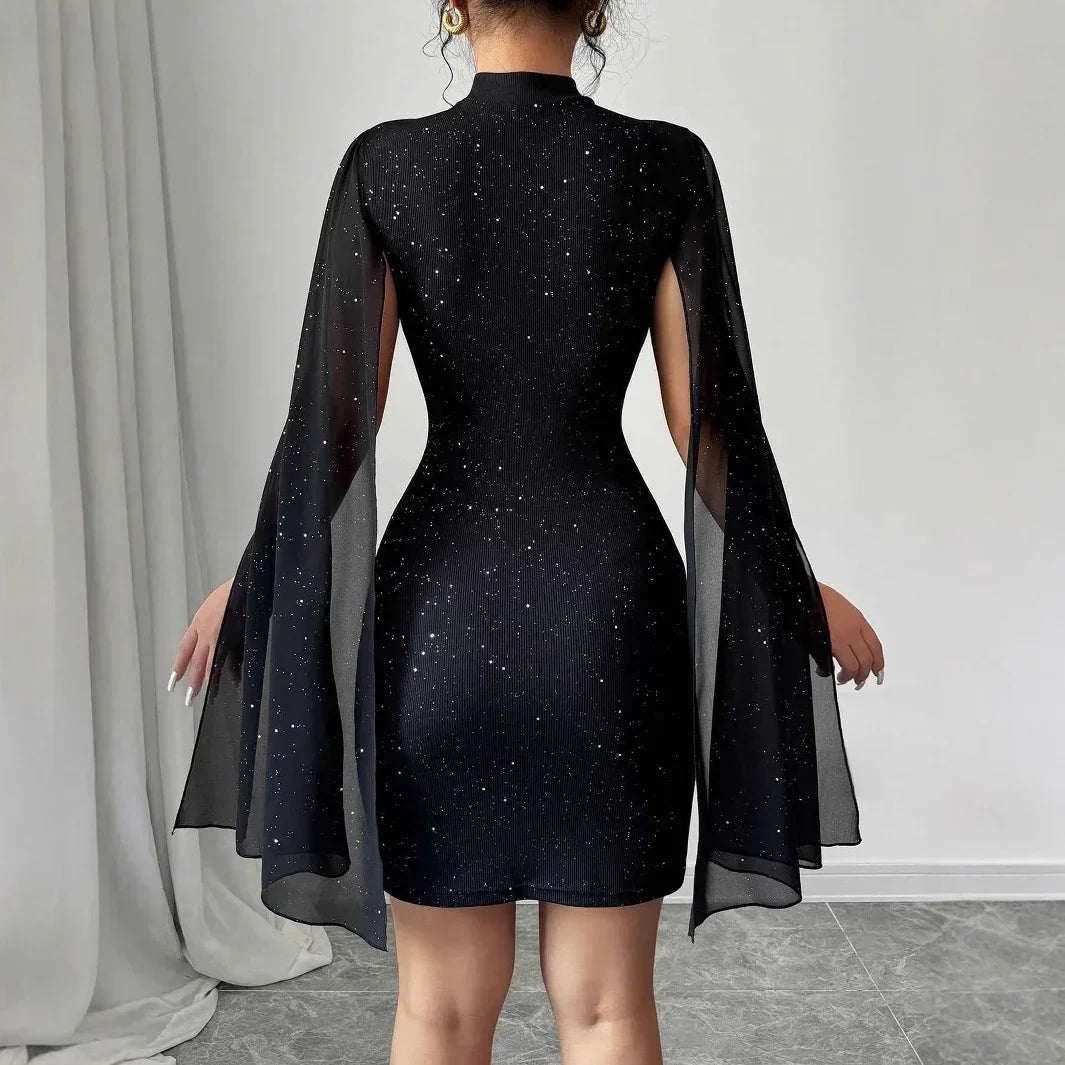 Black sparkly bodycon mini dress with sheer bell sleeves and high neck, fitted silhouette