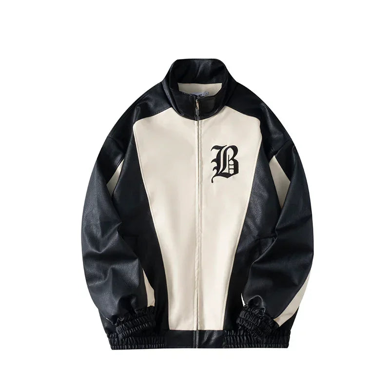 Black and cream colorblock faux leather jacket with zip front and relaxed fit