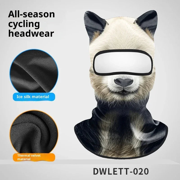 Panda print cycling balaclava with ear details, ice silk and thermal velvet material options