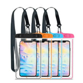 Four waterproof phone pouches with neck straps, in black, orange, blue, and pink colors