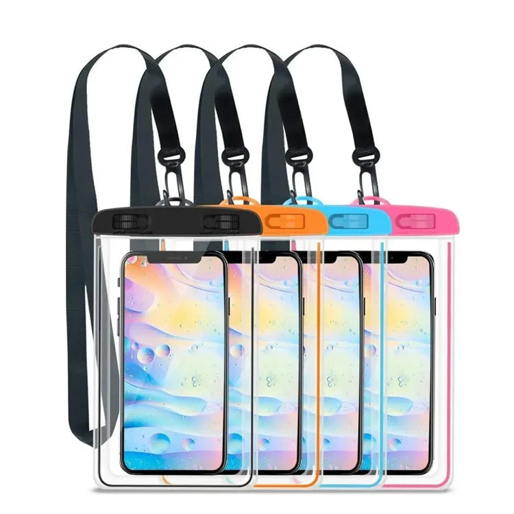 Four waterproof phone pouches with neck straps, in black, orange, blue, and pink colors