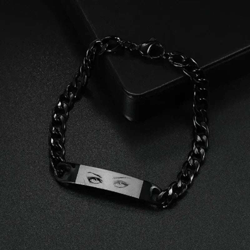 Black stainless steel chain bracelet with engraved eyes, modern streetwear accessory