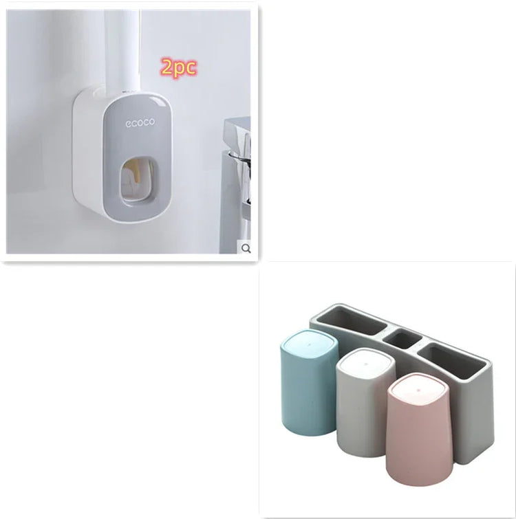 Wall-mounted toothbrush holder with toothpaste dispenser and set of pastel toothbrush cups
