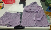 Lavender fuzzy hooded robe and shorts set with white tank top, soft plush material, relaxed fit
