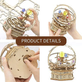 Wooden mechanical orrery model kit with colorful gears and crystals, shown in multiple assembly steps.