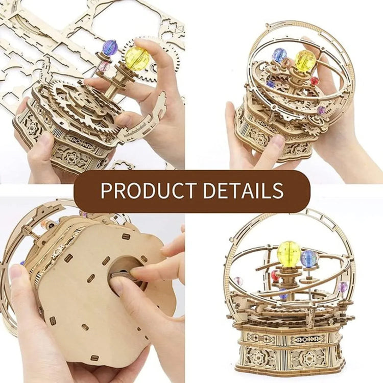 Wooden mechanical orrery model kit with colorful gears and crystals, shown in multiple assembly steps.