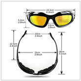 Black wraparound sunglasses with yellow mirrored lenses, plastic frame, and size measurements