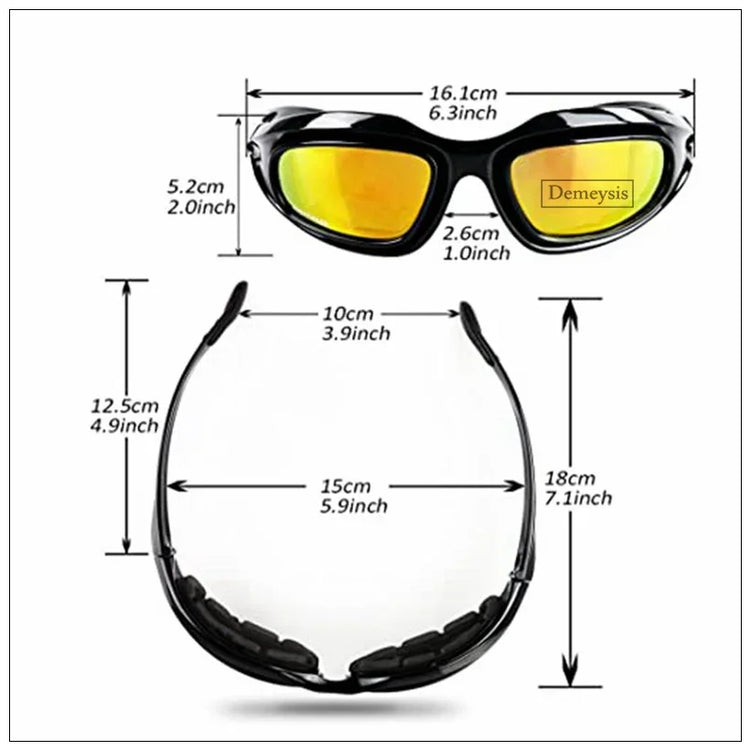 Black wraparound sunglasses with yellow mirrored lenses, plastic frame, and size measurements