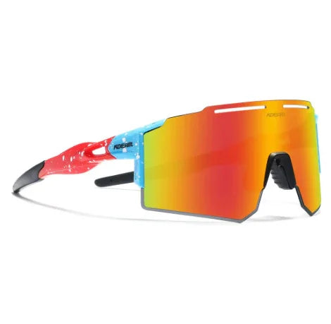 Futuristic streetwear sunglasses with oversized mirrored shield lens, red and blue frame, athletic fit
