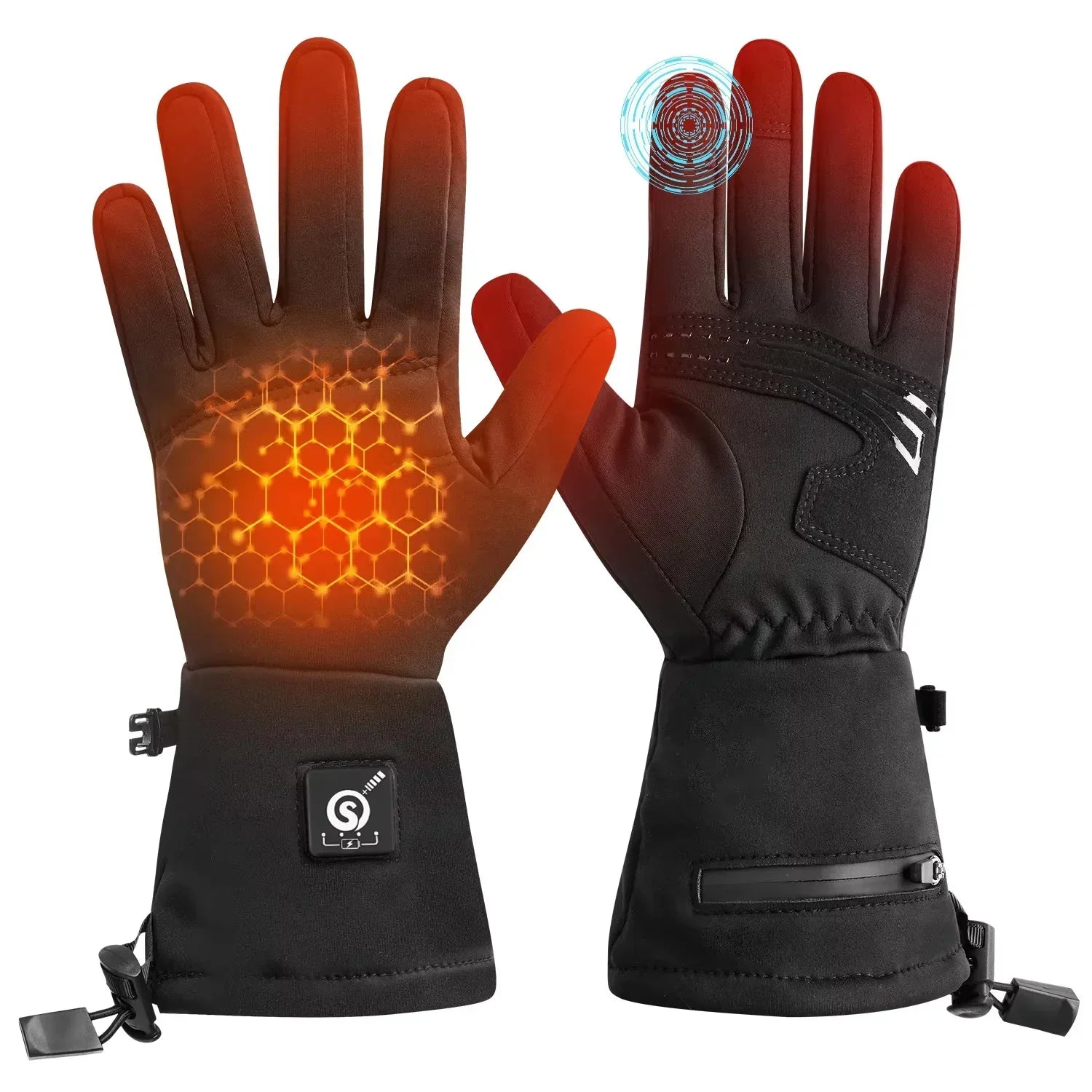 Black heated winter gloves with touchscreen fingertips and adjustable cuffs, insulated fabric