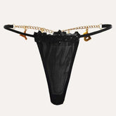 Black mesh thong with floral lace trim and gold chain waist detail, minimal fit lingerie.