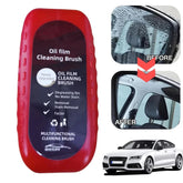 Red oil film cleaning brush for car windows with before and after cleaning results