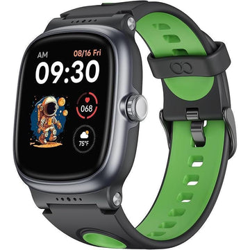 Black and green silicone band smart watch with square display, digital time and health apps