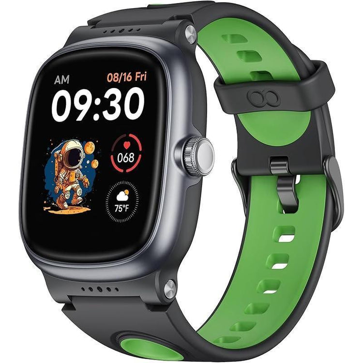 Black and green silicone band smart watch with square display, digital time and health apps