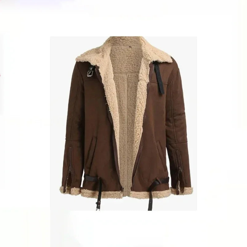 Brown shearling jacket with faux fur lining, relaxed fit, and buckle strap accents