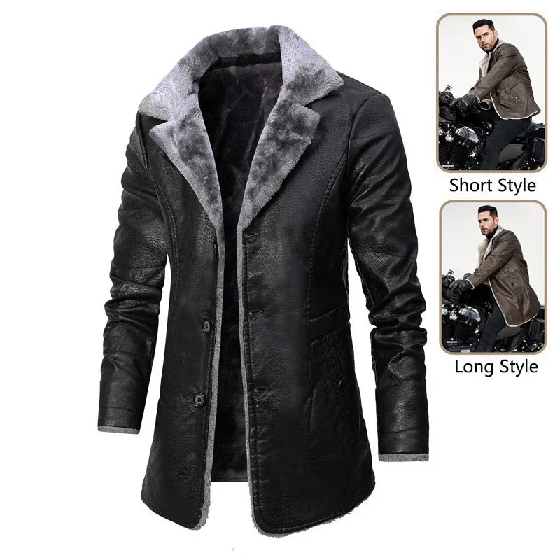 Men's black faux leather long coat with gray faux fur lining, slim fit, and button closure, shown in both short and long styles.