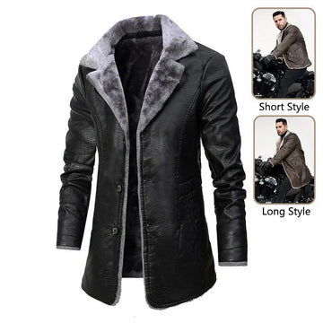Men's black faux leather long coat with gray faux fur lining, slim fit, and button closure, shown in both short and long styles.