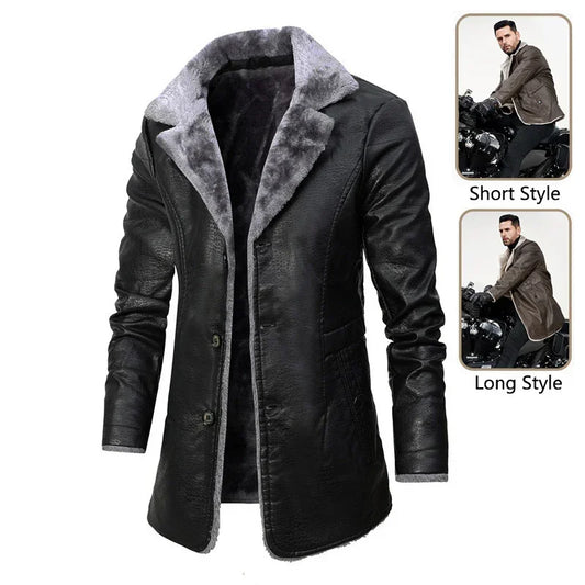 Men's black faux leather long coat with gray faux fur lining, slim fit, and button closure, shown in both short and long styles.