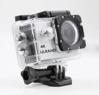Waterproof action camera 4K Ultra HD in clear protective case with wide-angle lens mount