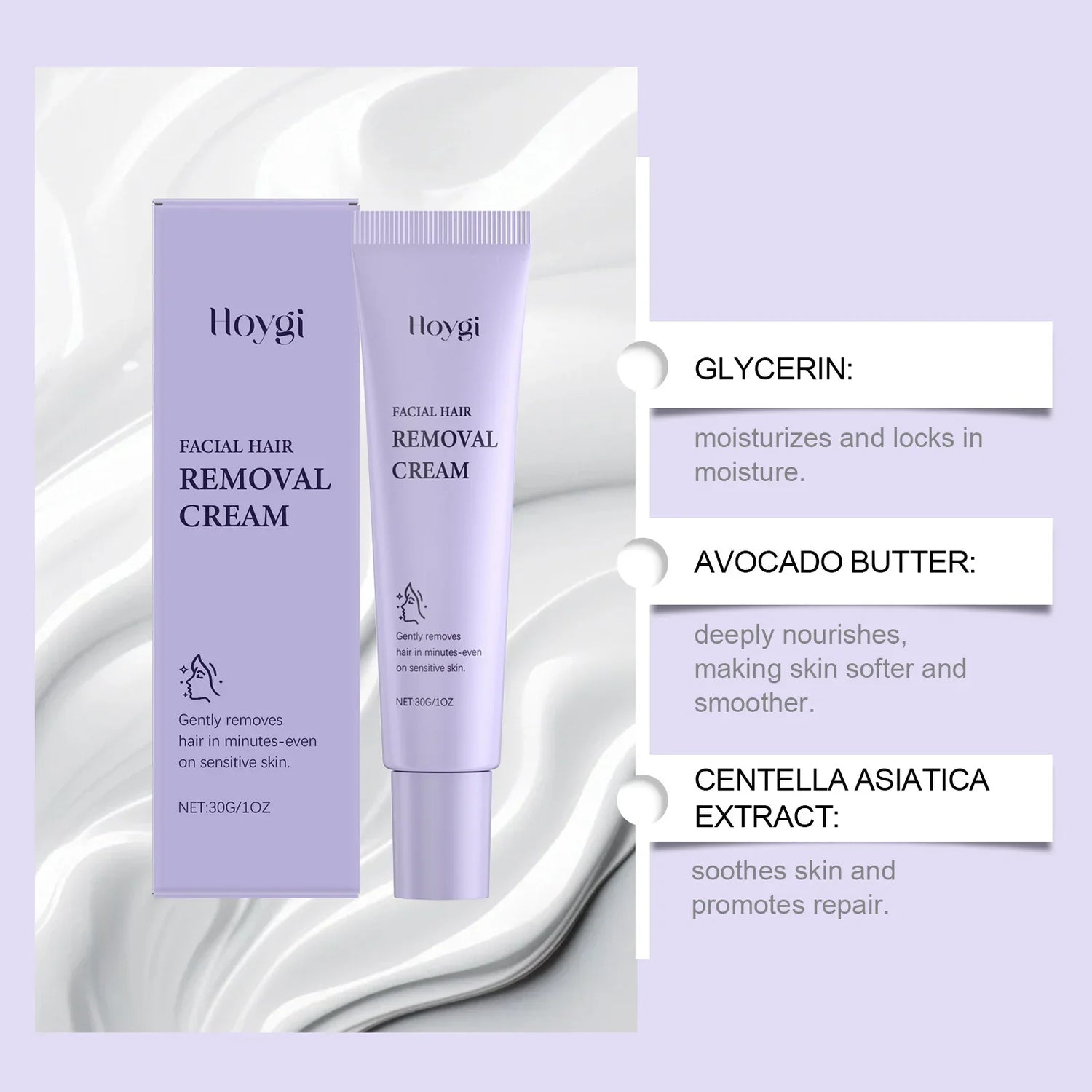 Lavender facial hair removal cream tube and box displayed with ingredient highlights on a soft white background.