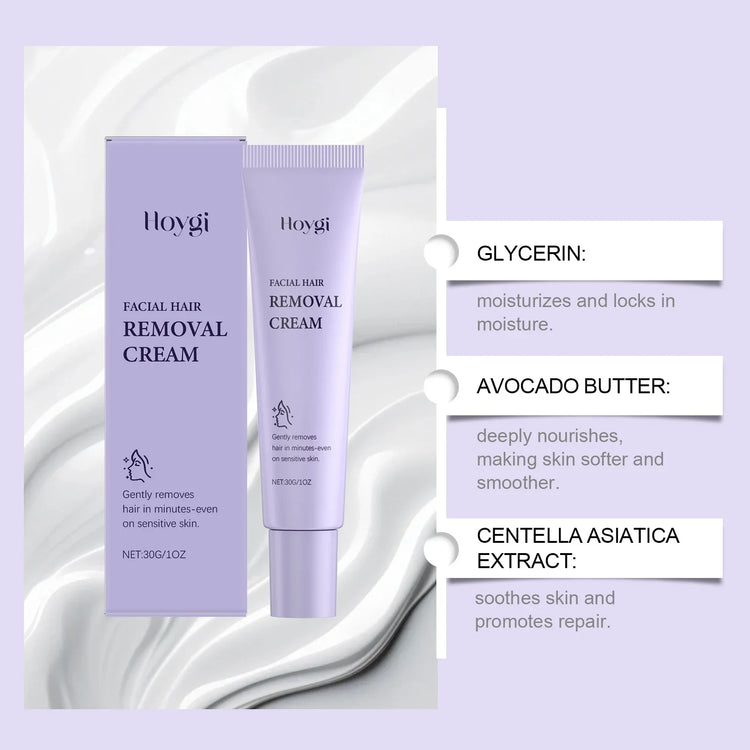 Lavender facial hair removal cream tube and box displayed with ingredient highlights on a soft white background.