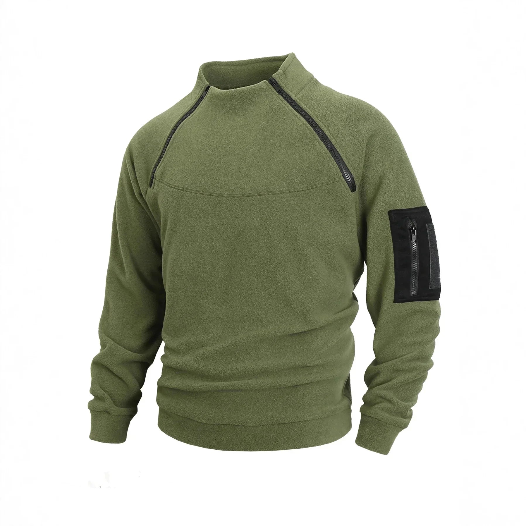 Olive green fleece pullover with zippered chest and sleeve pocket, relaxed fit, streetwear style