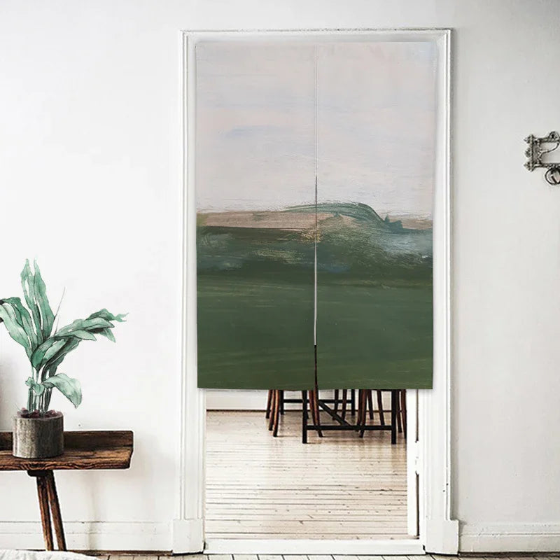 Modern tapestry door curtain with green abstract landscape design, hanging in white doorway