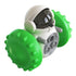 Futuristic toy robot car with green textured wheels and a white astronaut-shaped body