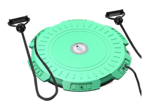 Round mint green exercise balance board with black resistance bands, home fitness equipment
