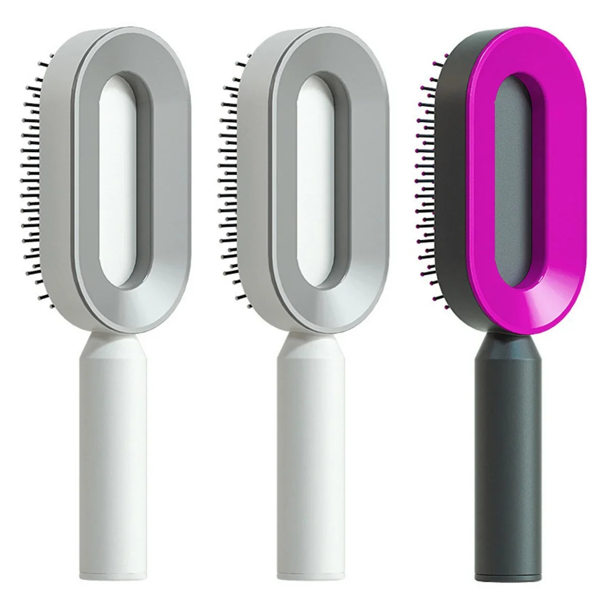 Modern oval hair brushes with ergonomic handles in white, gray, and pink color options.