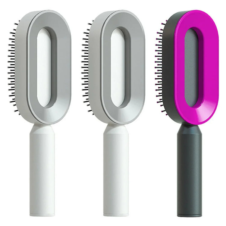 Modern oval hair brushes with ergonomic handles in white, gray, and pink color options.