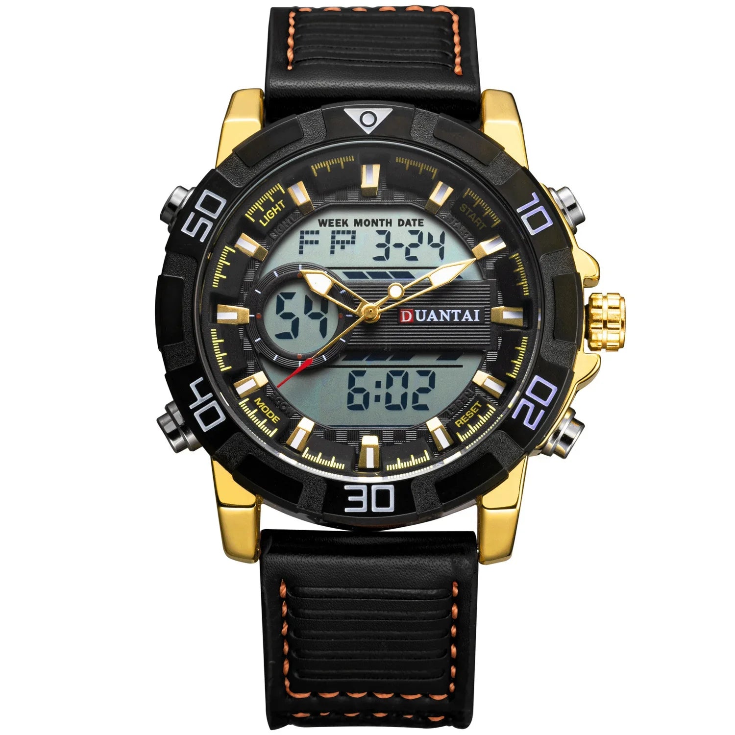 Black and gold digital-analog watch with leather strap and bold modern design
