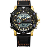 Black and gold digital-analog watch with leather strap and bold modern design