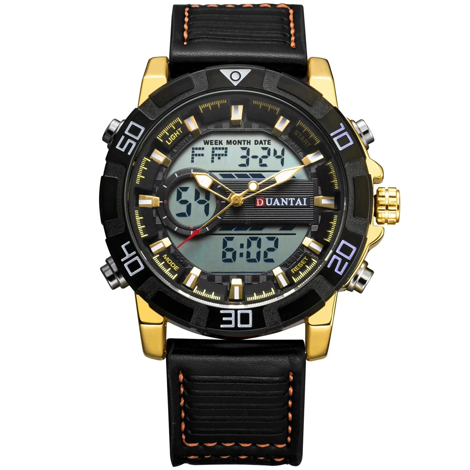 Black and gold digital-analog watch with leather strap and bold modern design