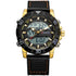 Black and gold digital-analog watch with leather strap and bold modern design