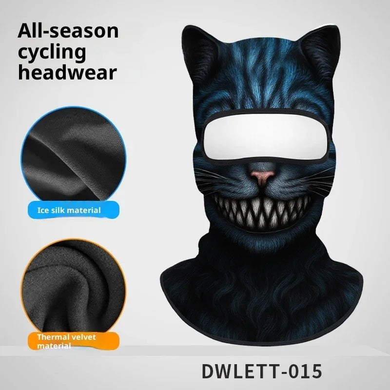 Cycling balaclava with blue and black cat design, ice silk and velvet material, all-season fit
