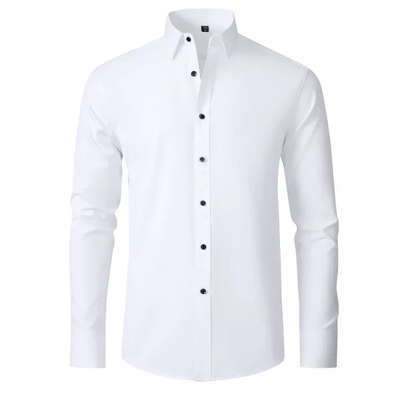 Slim fit white long sleeve button-down shirt with black buttons, modern streetwear style