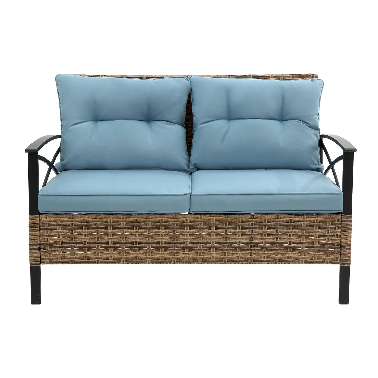 Outdoor wicker loveseat with light blue cushions and black metal armrests, modern design