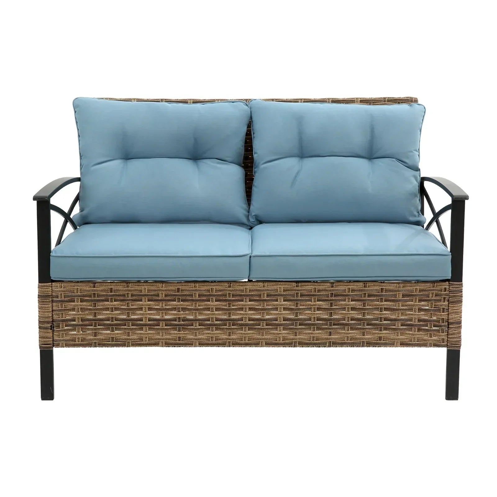 Outdoor wicker loveseat with light blue cushions and black metal armrests, modern design