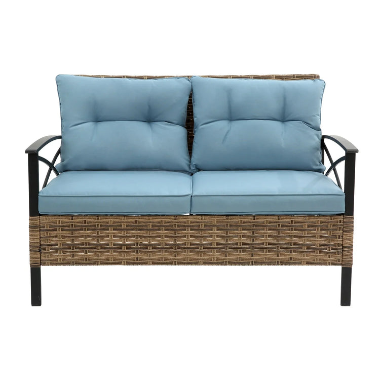 Outdoor wicker loveseat with light blue cushions and black metal armrests, modern design