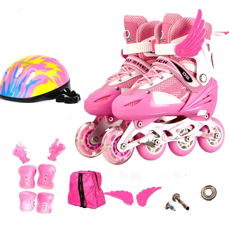 Pink adjustable inline roller skates with wing detail, matching pink helmet, protective pads, and accessories for kids.