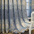Blue velvet curtain with gold embroidered baroque pattern, elegant scalloped edges