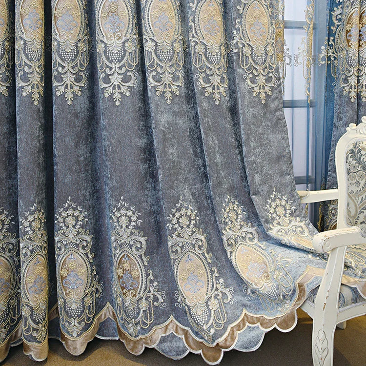 Blue velvet curtain with gold embroidered baroque pattern, elegant scalloped edges