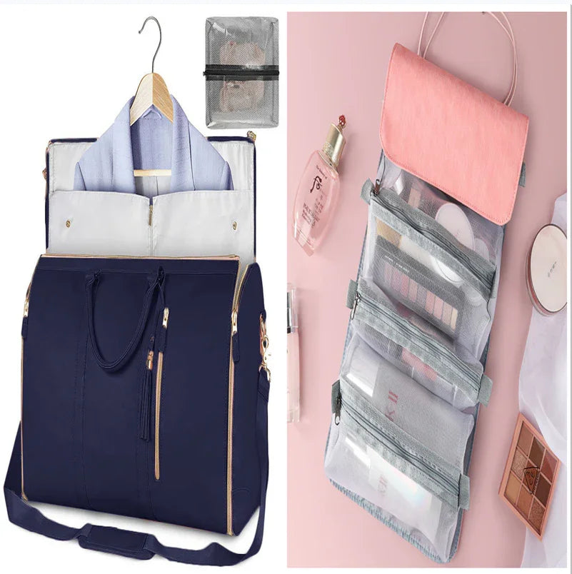 Navy blue garment bag with gold zippers and multiple compartments, next to a pink and gray hanging toiletry organizer with clear pockets.