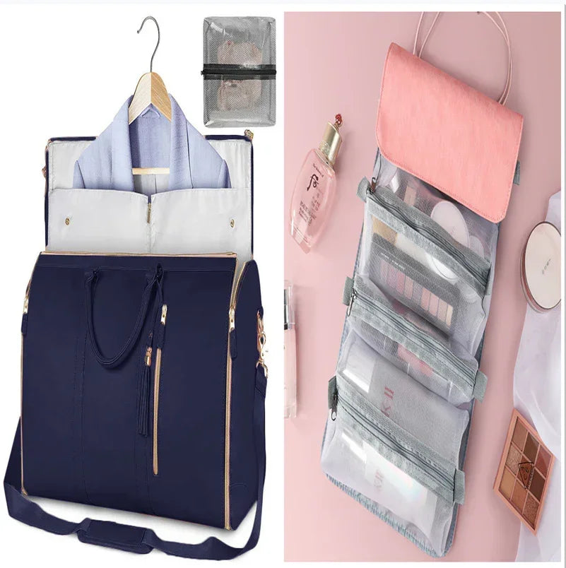 Navy blue garment bag with gold zippers and multiple compartments, next to a pink and gray hanging toiletry organizer with clear pockets.